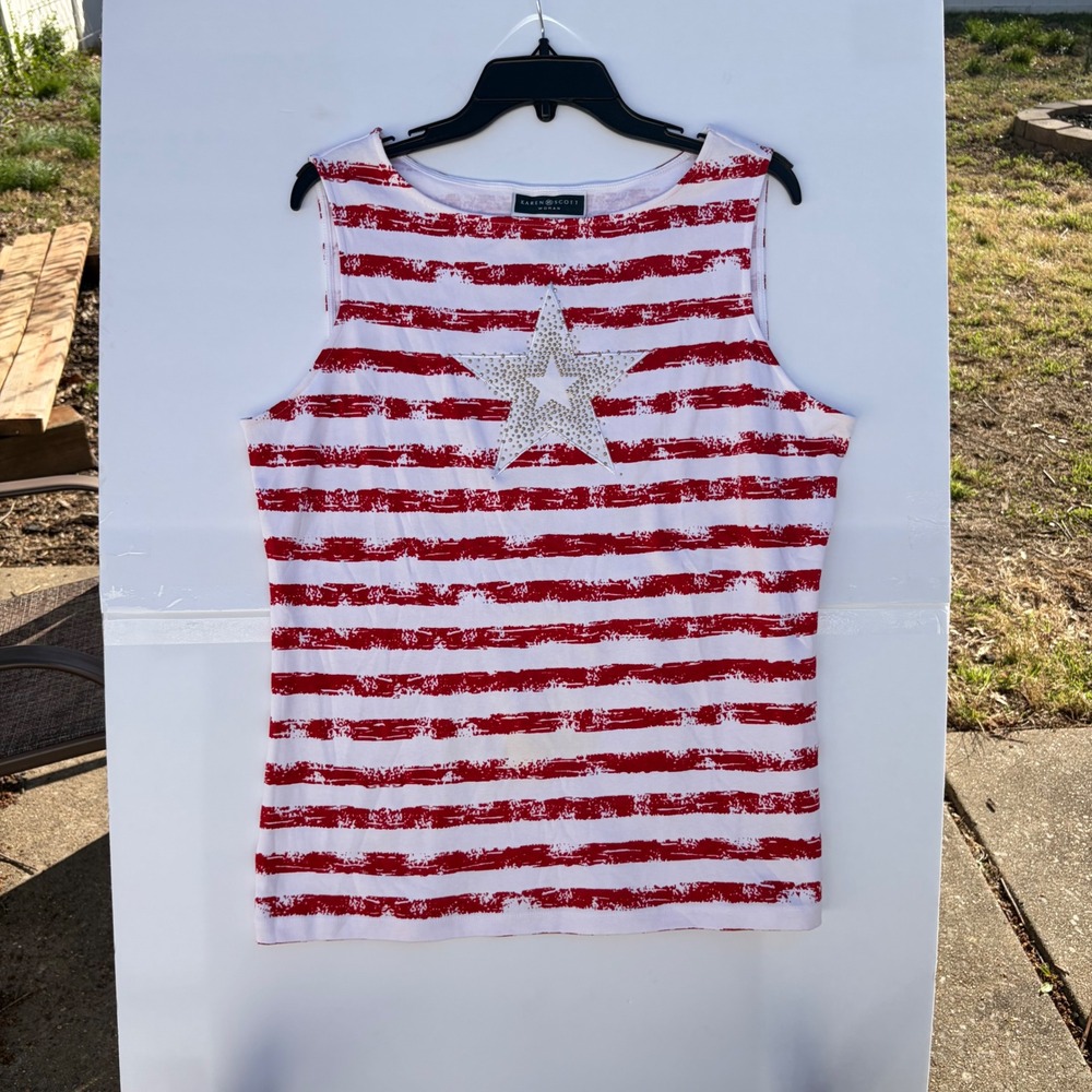 Karen Scott Woman Red White Striped Rhinestone Star Tank Top 0X Patriotic Cotton